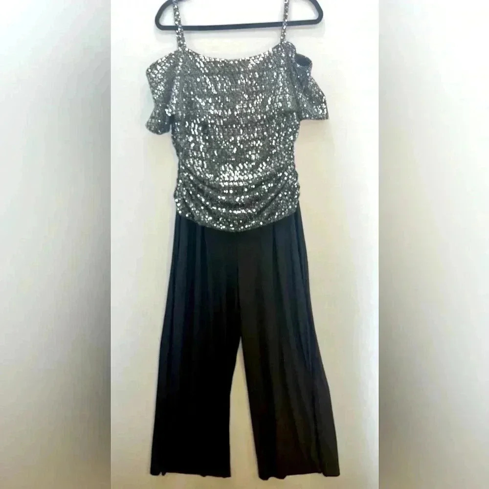 R&M Richards 1Pc Cold Shoulder Ruched Bodice sequined Jumpsuit occasion outfit